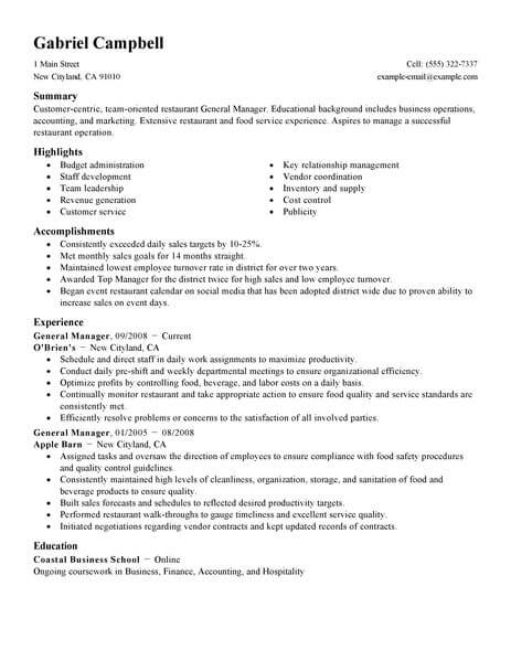 resume job description restaurant general manager