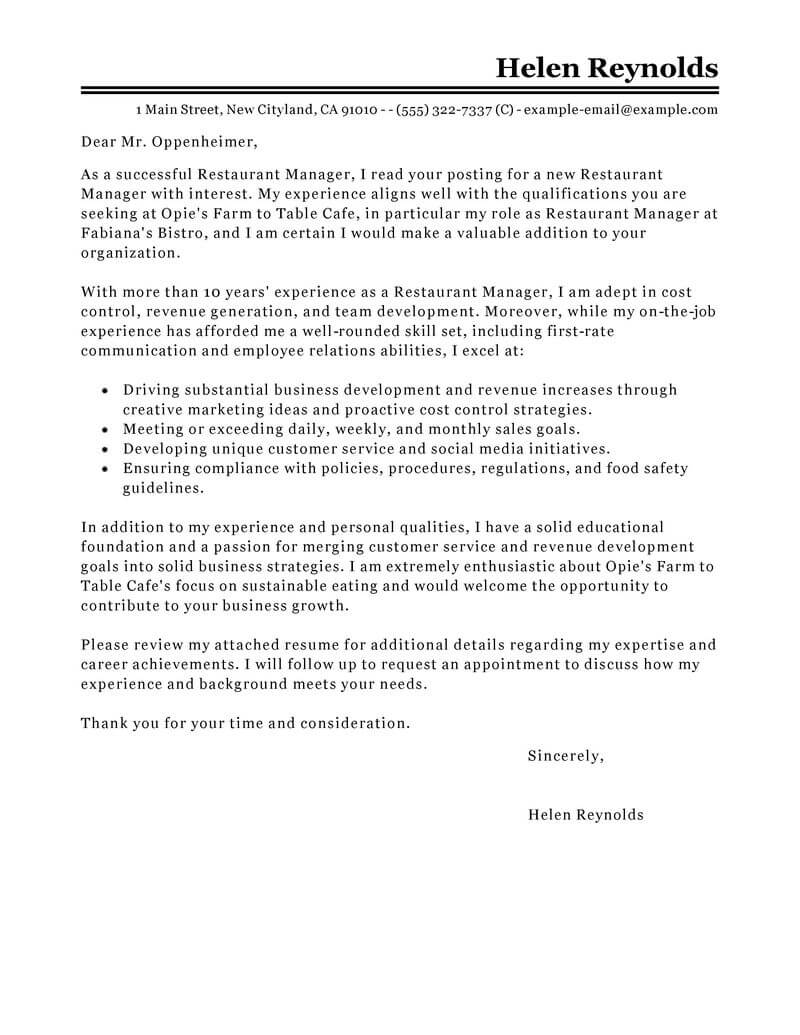 application letter for restaurant general manager