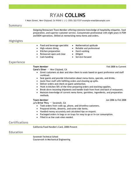 sample resume restaurant crew member