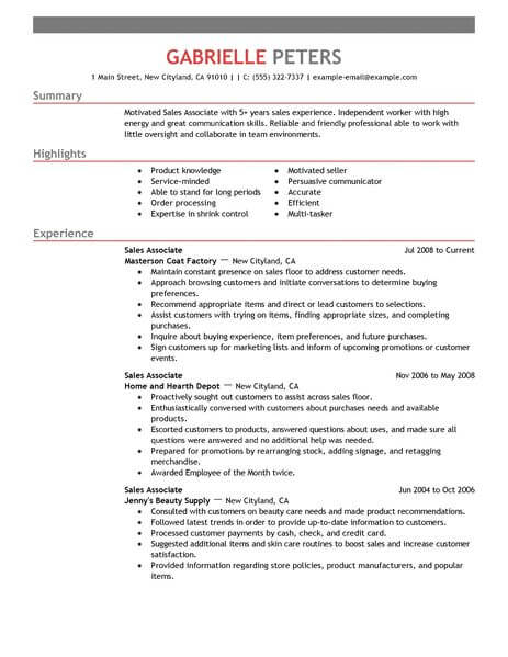 resume objective examples for sales associate