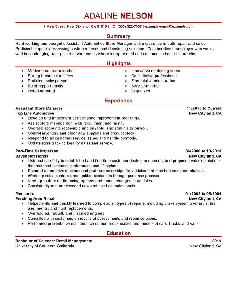 resume job description for assistant store manager