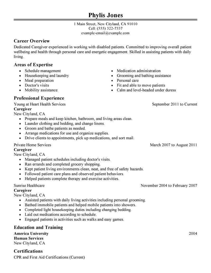 example of resume objective for caregiver