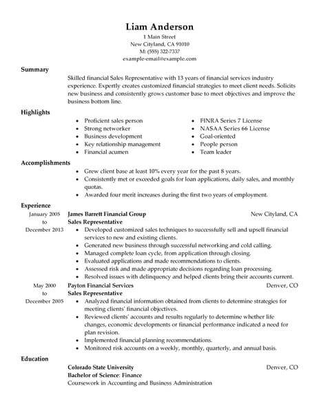 resume examples for sales representative