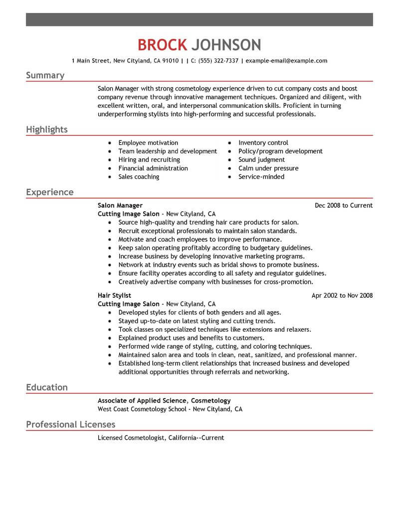 resume samples for salon job