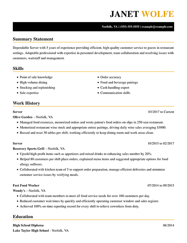 Professional Food Service Resume Examples | LiveCareer