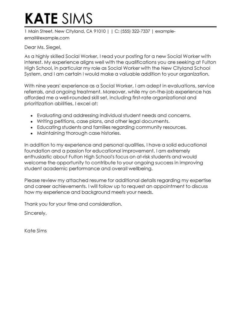 social worker resume cover letter examples