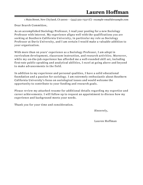 college professor cover letter example