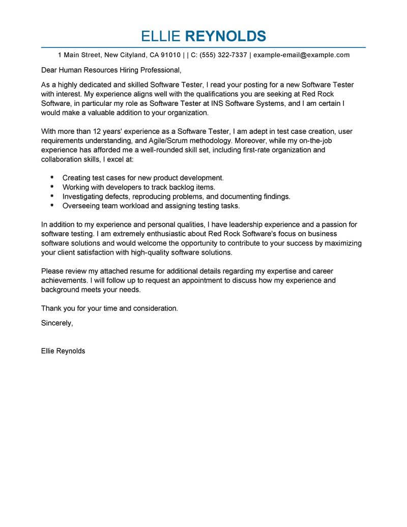 cover letter for resume software tester