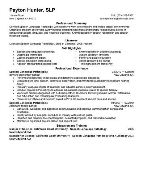 sample speech language pathologist resume