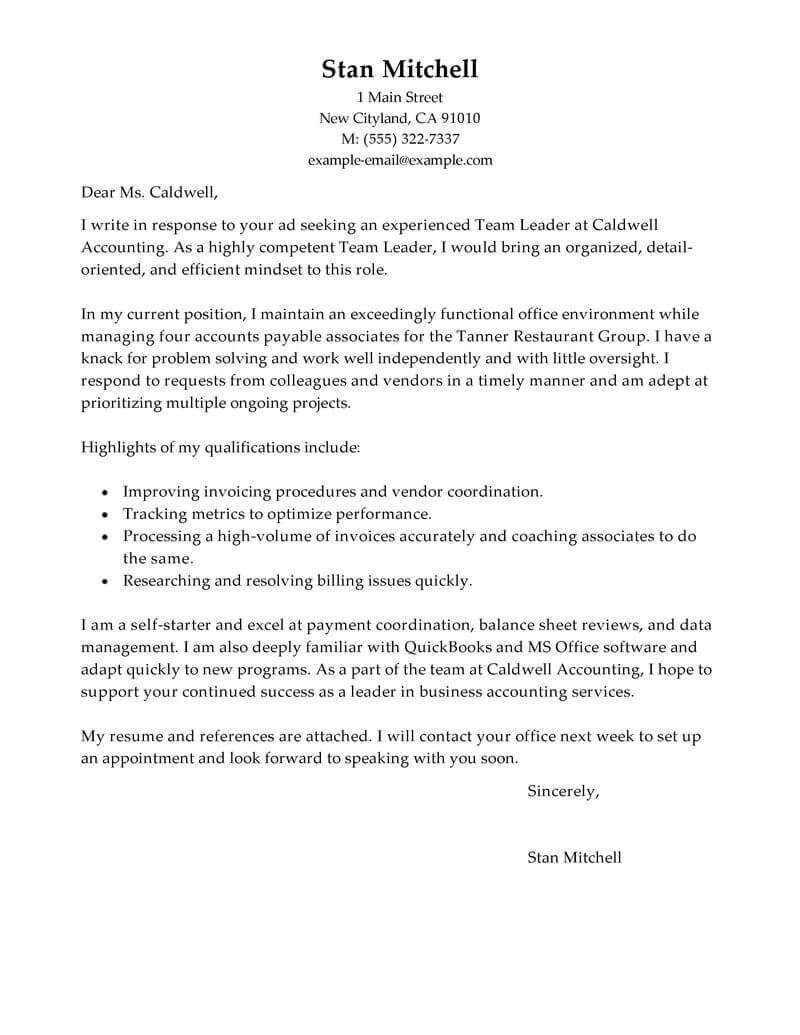 Outstanding Team Lead Cover Letter Examples  LiveCareer