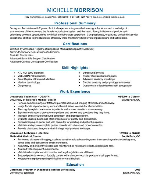 resume examples for ultrasound technician