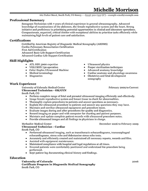 sample resume ultrasound technician