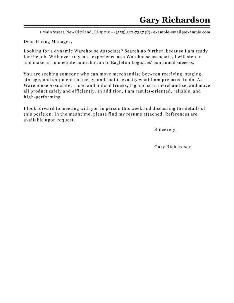 sample of cover letter for warehouse worker