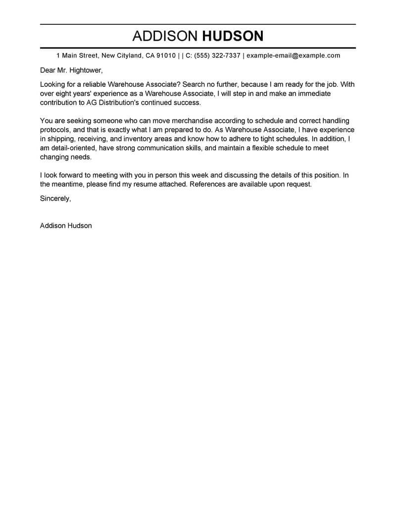 example of a cover letter for warehouse position