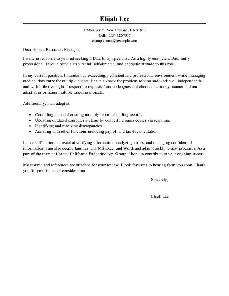 data entry description cover letter