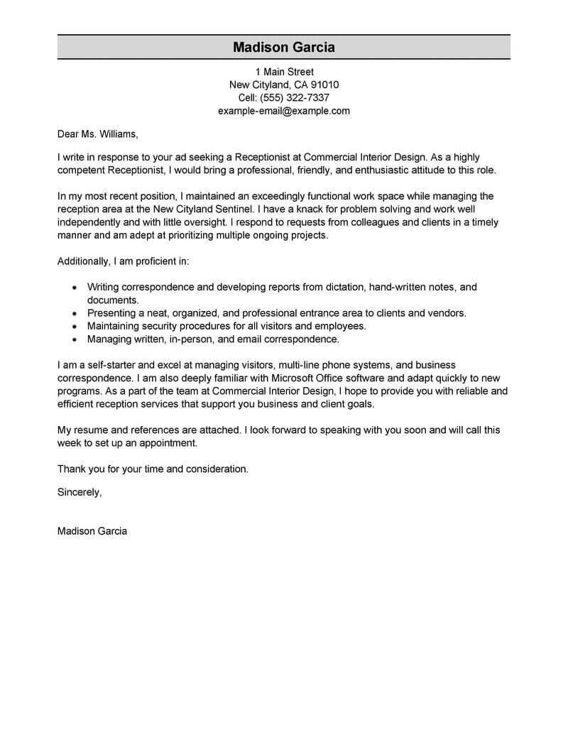 Best Receptionist Cover Letter Examples Livecareer