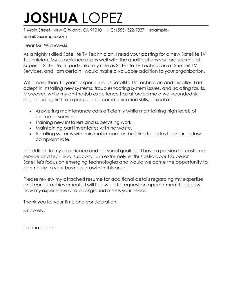 Satellite TV Installer Cover Letter Examples  LiveCareer