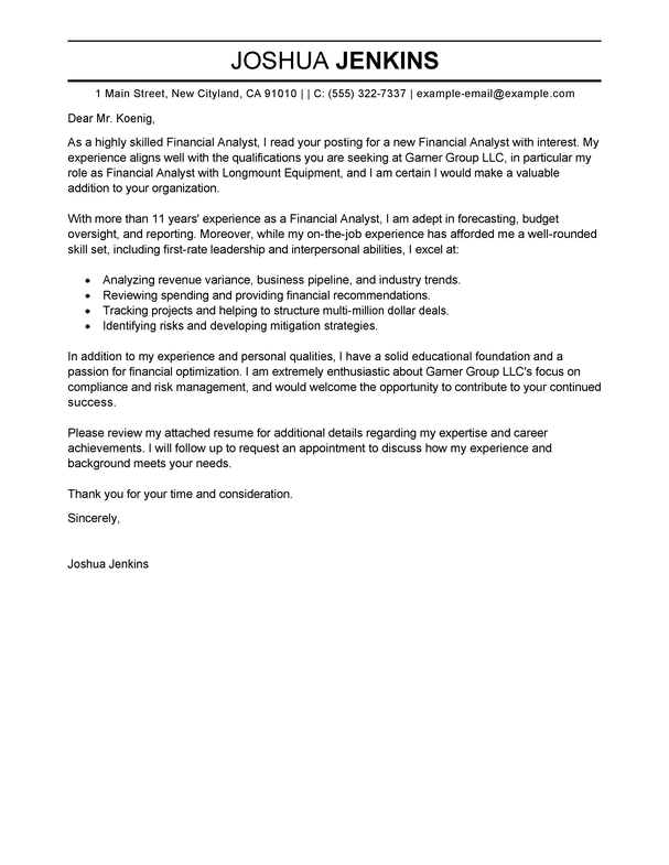 finance analyst cover letter sample