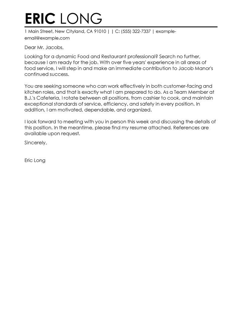 Professional Food Service Cover Letter Examples  LiveCareer