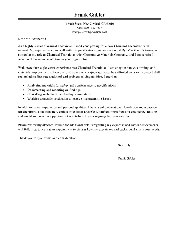 example cover letter for chemistry job