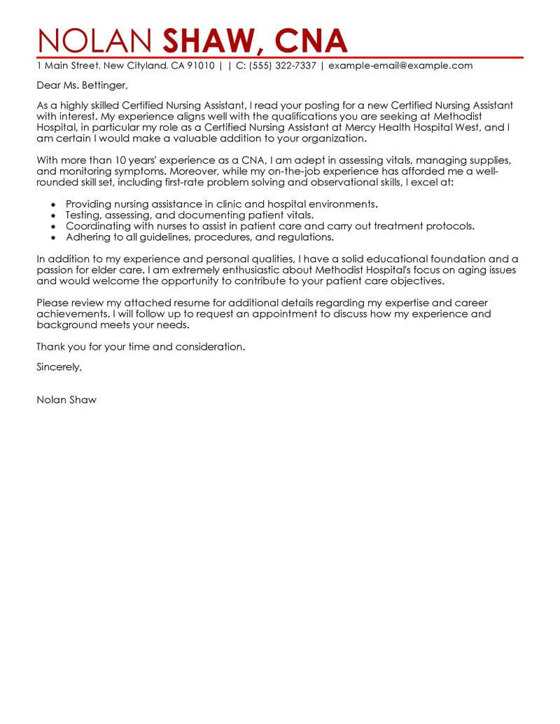 cover letter examples for nursing assistant with no experience