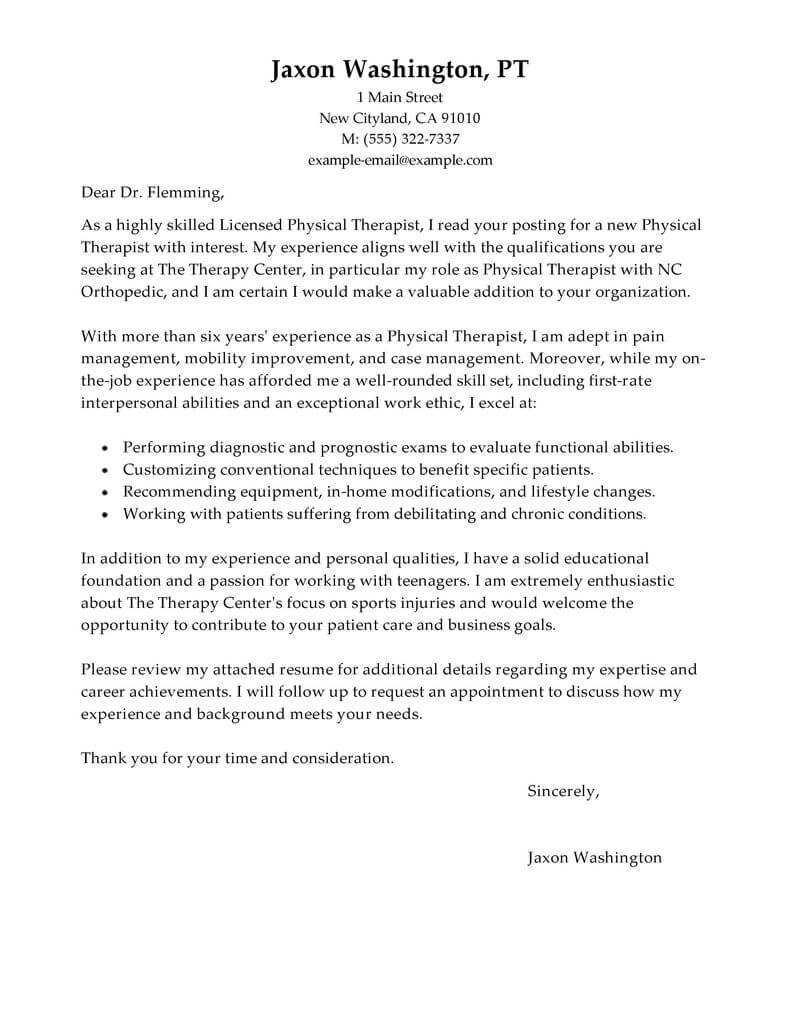 sample cover letter for physical therapy internship