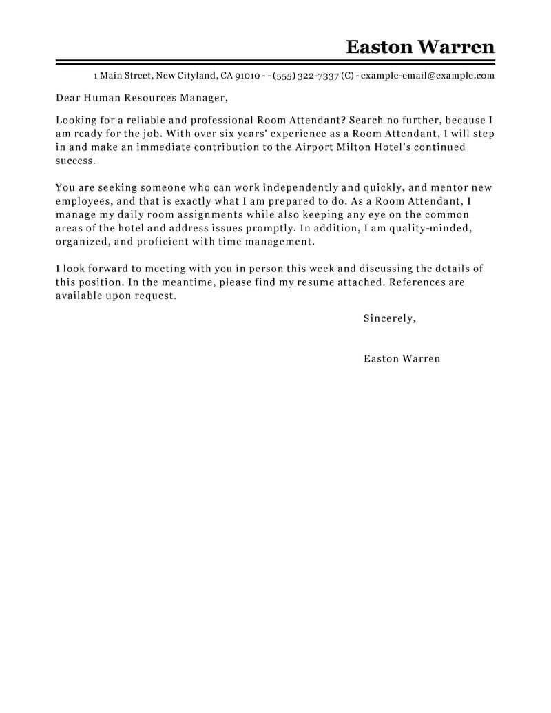 cover letter for room attendant with no experience