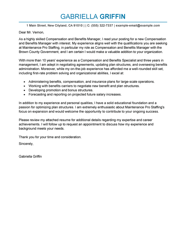 cover letter for compensation and benefits manager