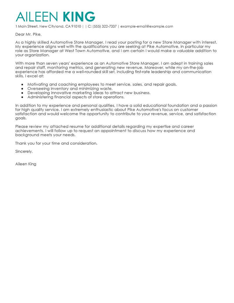 Store Manager Cover Letter Examples Retail Livecareer