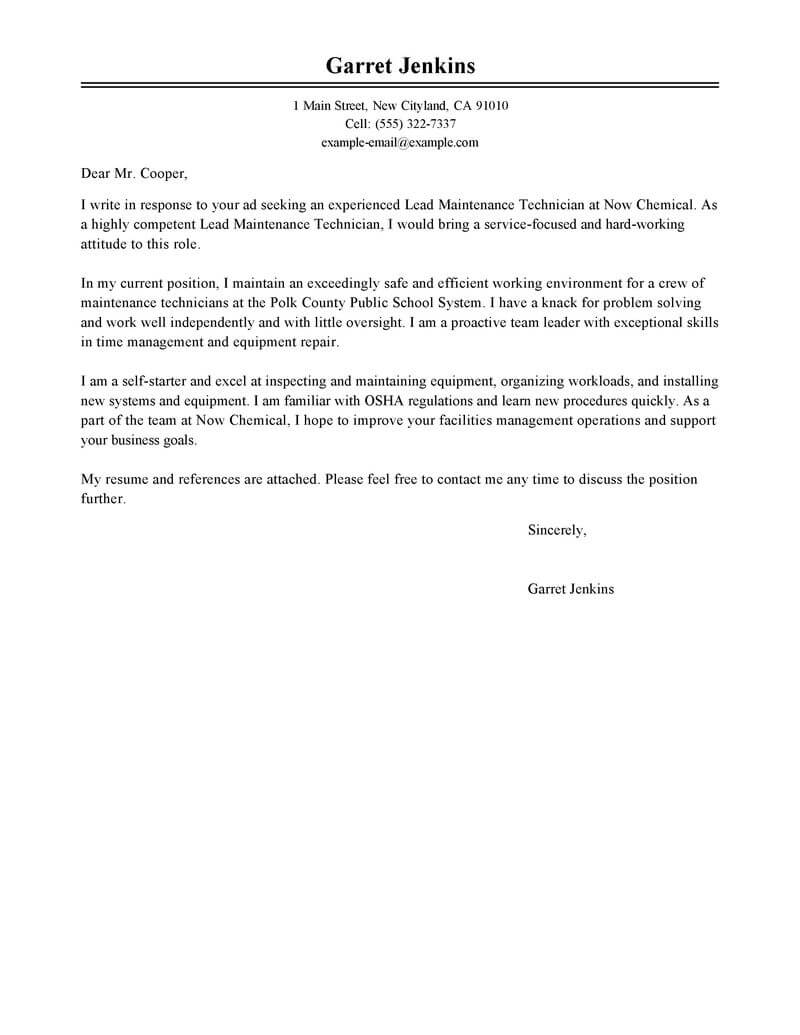 sample application letter for maintenance position