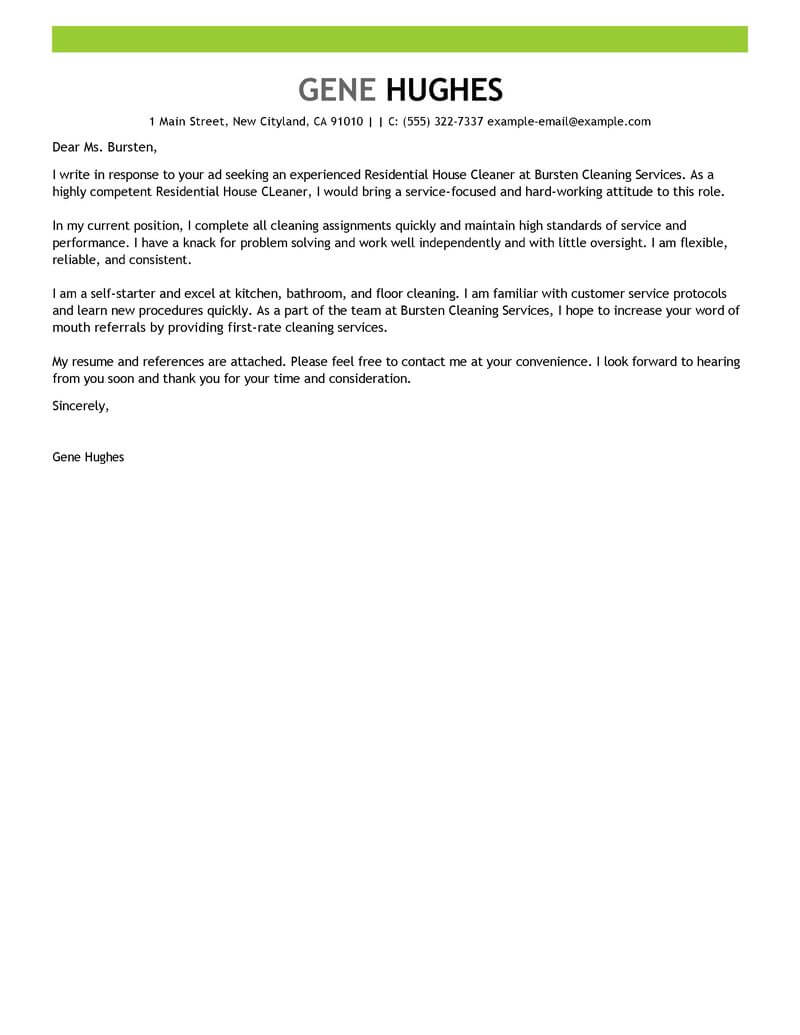 sample cover letter for resume for cleaning