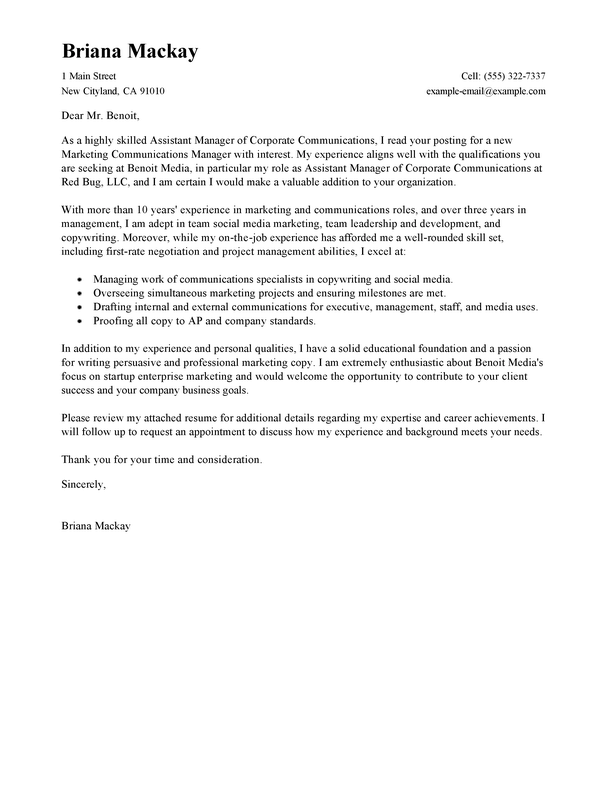 cover letter for managers assistant