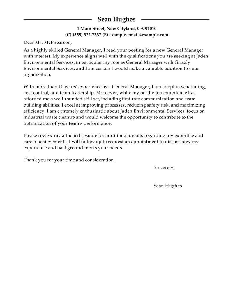 Professional General Manager Cover Letter Examples Livecareer