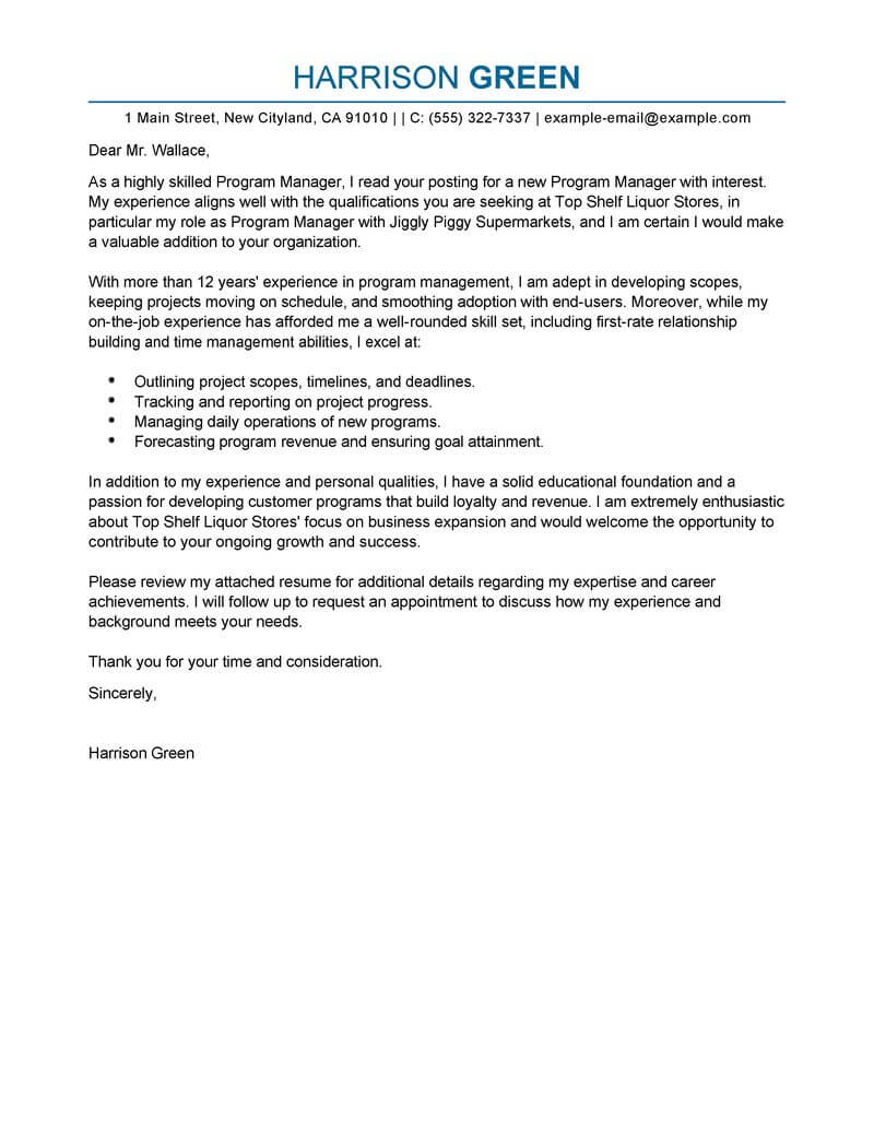 sample resume cover letter for management position