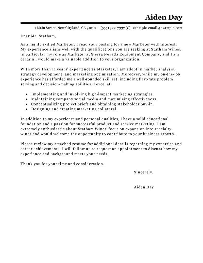 marketing cover letter ideas