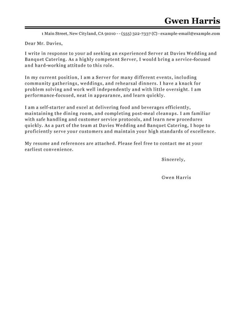 cover letter examples for server