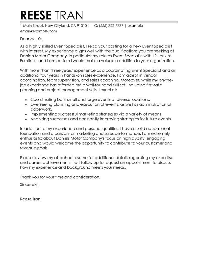 cover letter for event manager sample