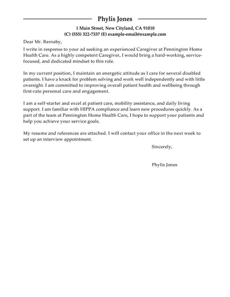 sample cover letter for caregiver no experience