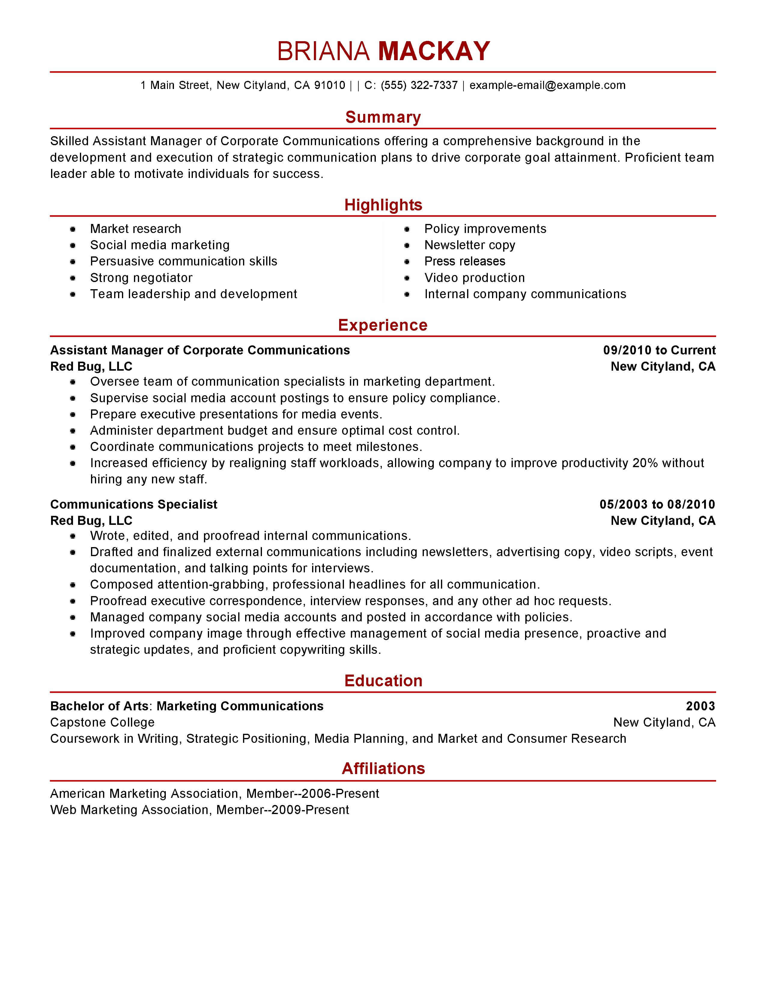 assistant manager resume examples