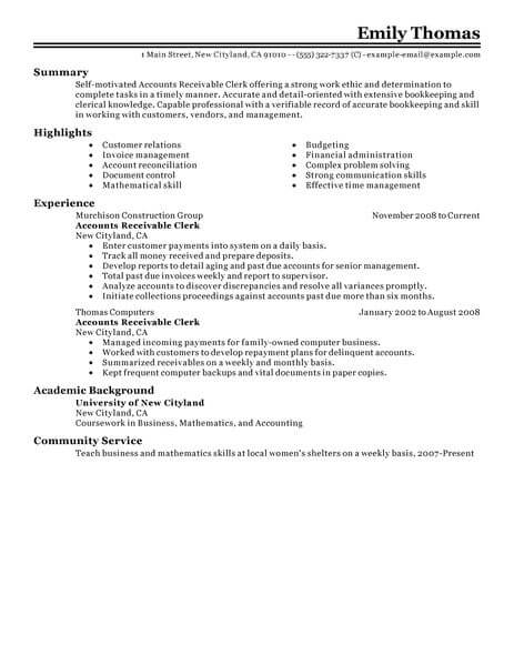 Best Accounts Receivable Clerk Resume Example | LiveCareer