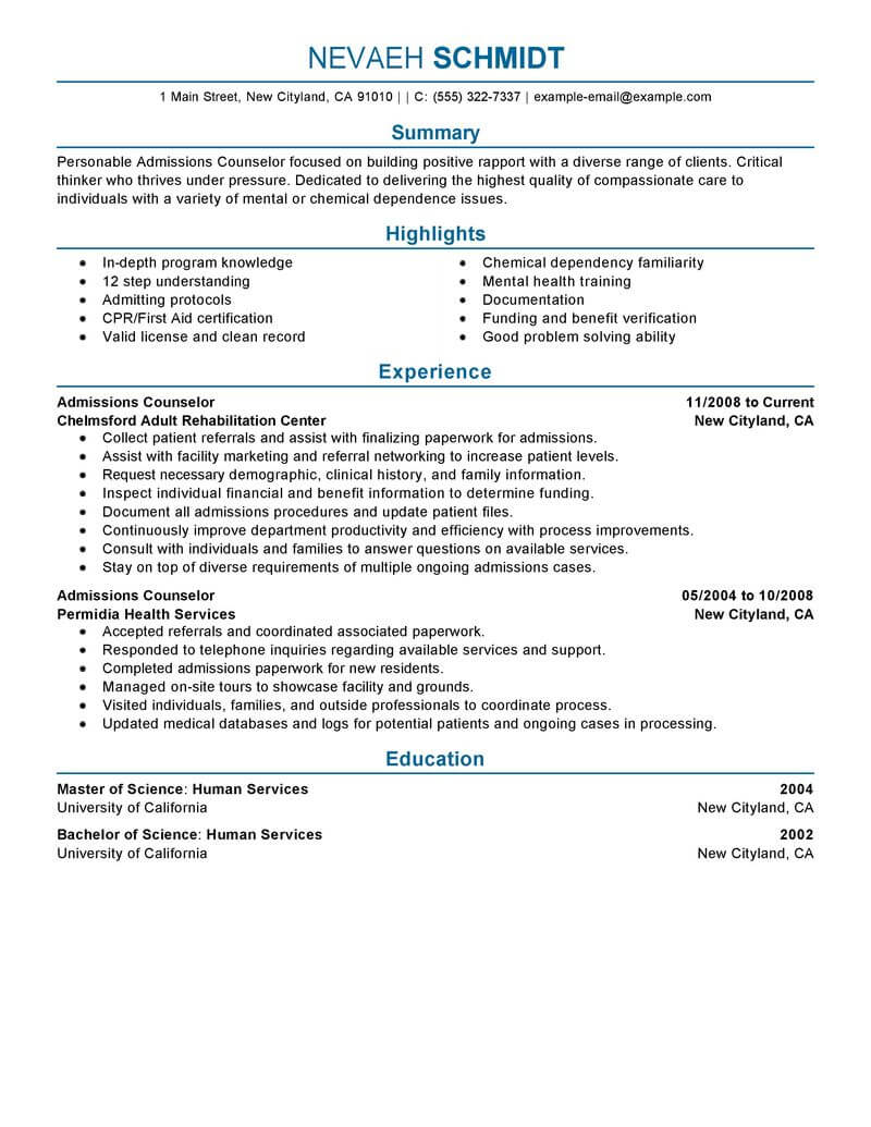 Resume for admissions counselor