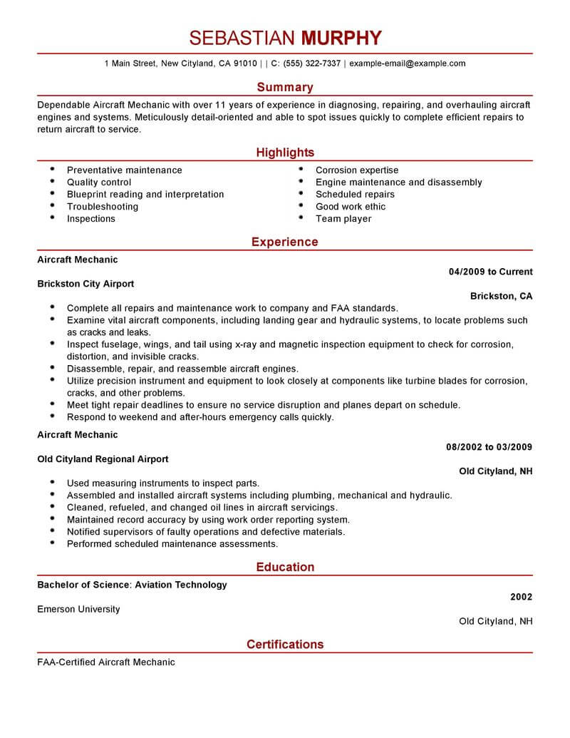 entry level aircraft mechanic resume sample