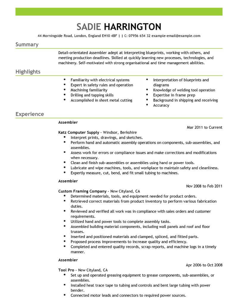 assembler job description resume