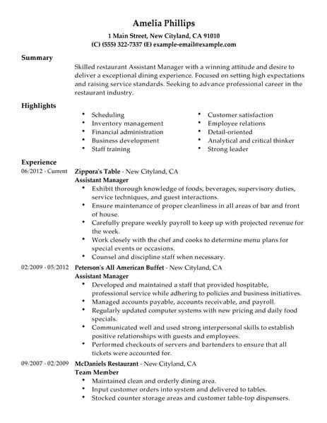 assistant restaurant manager resume skills