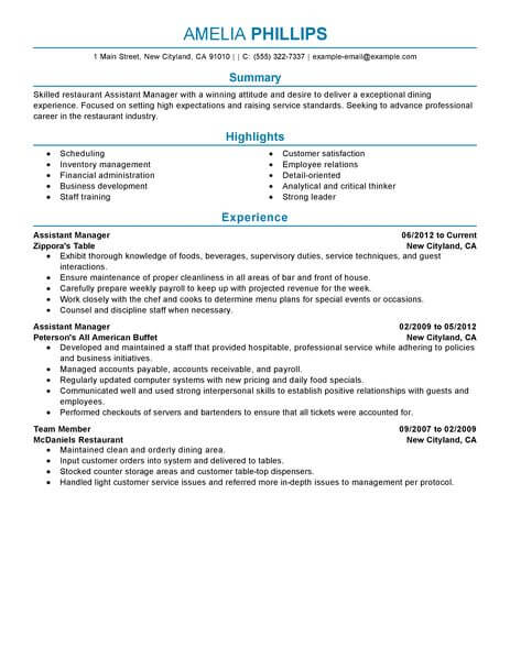 assistant restaurant manager resume sample