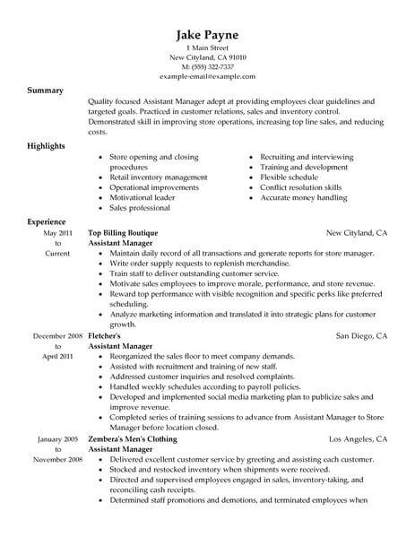 resume job description for assistant store manager