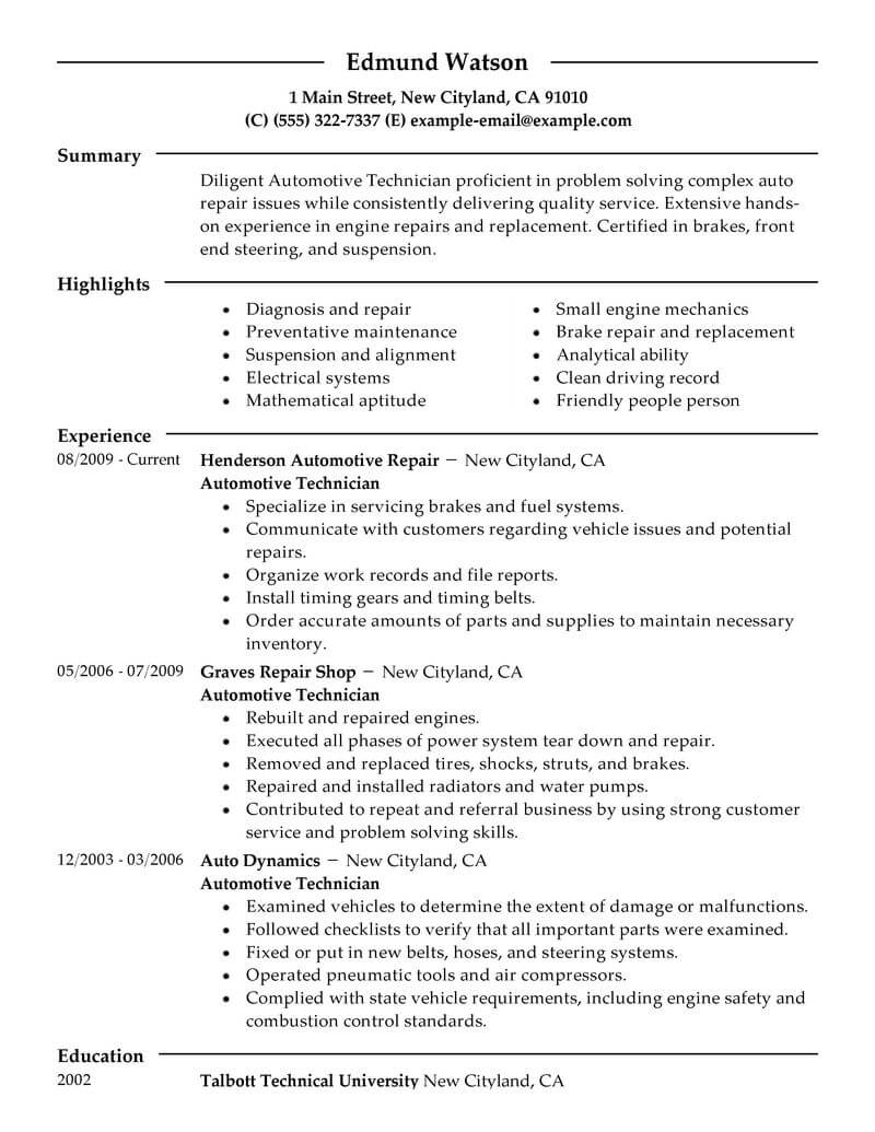 resume for car mechanic