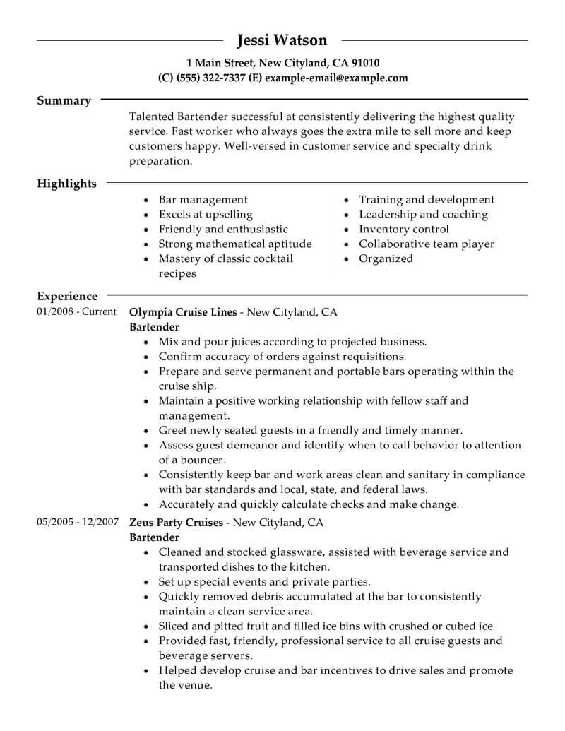 Professional Bartender Resume Examples Food Service Livecareer