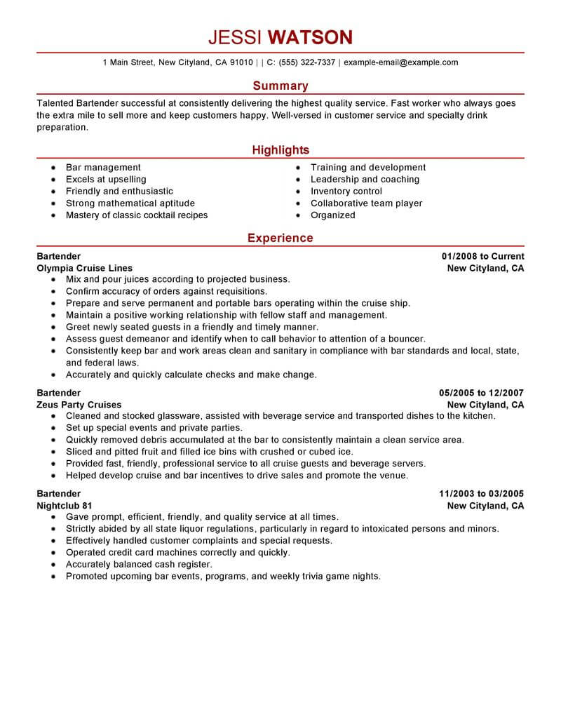 resume summary examples for bartender