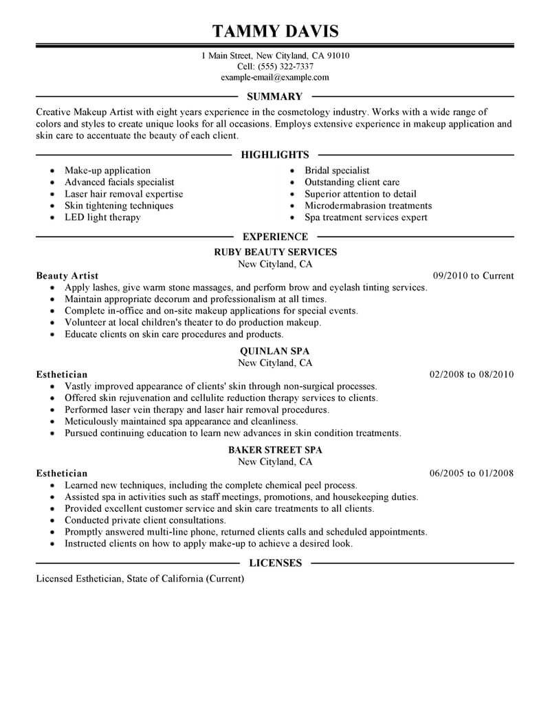 Beauty Artist Resume Example No Experience Resumes Livecareer